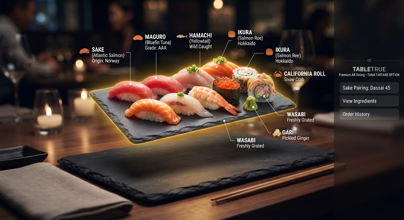 A gourmet sushi platter in AR view