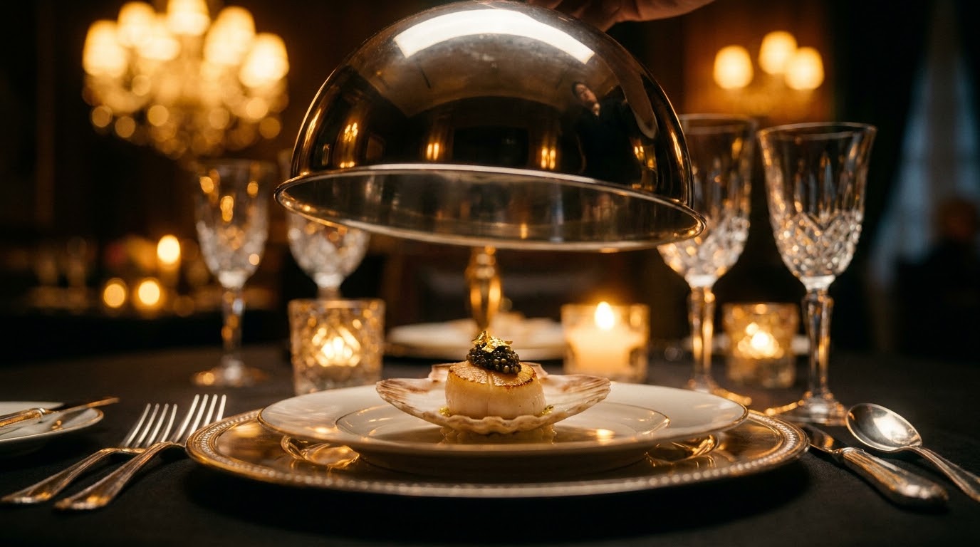A dimly lit luxury restaurant table
